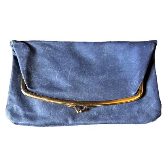 Vtg 1950s Budd Leather Blue Foldover Clutch w/Kiss Clasp & Attached Change Purse - Picture 10 of 10